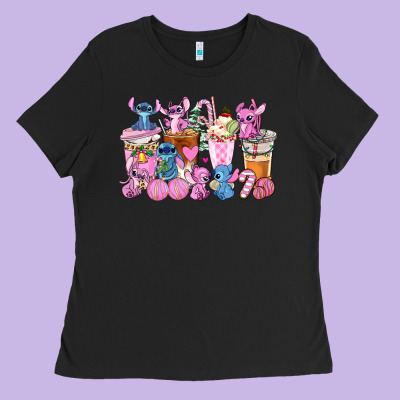 Stitch And Lilo Pink Christmas Coffee Cups Ladies Tee Designed By Adodesignshop