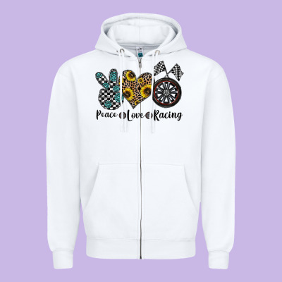 Peace Love Racing Zipper Hoodie Designed By Cowhidedigitalart