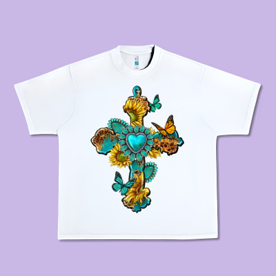 Urban Heavy Tee western cross with gemstone and sunflowers