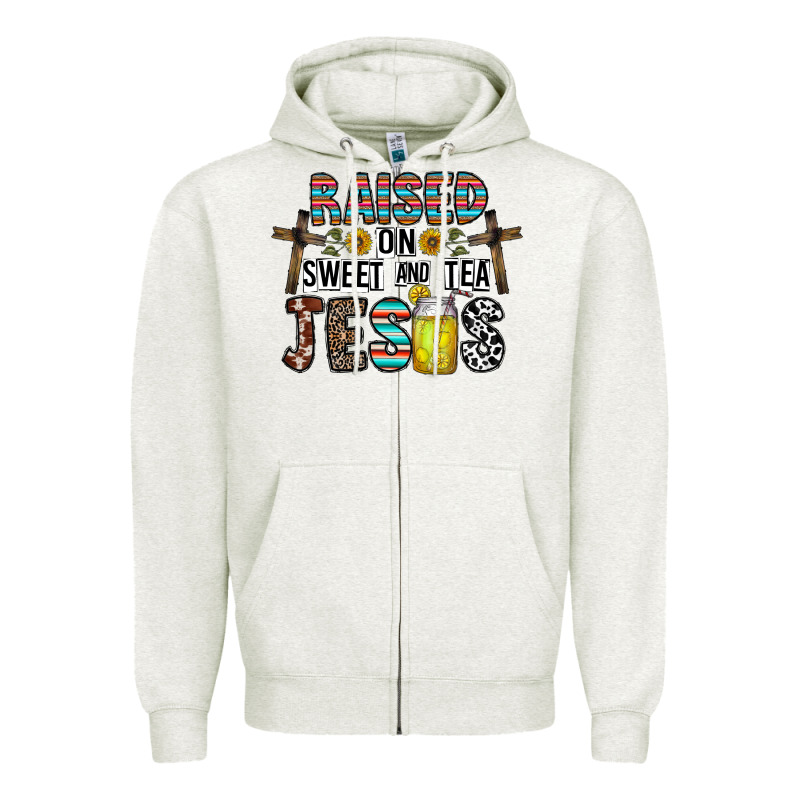 Raised On Sweet And Tea Jesus Zipper Hoodie by CowhideDigitalArt | Teevron