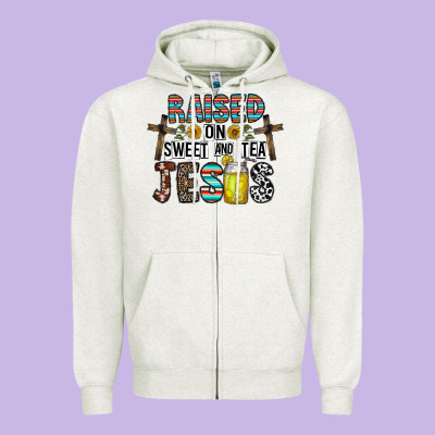Raised On Sweet And Tea Jesus Zipper Hoodie Designed By Cowhidedigitalart