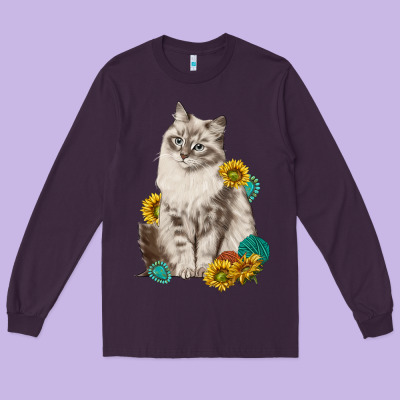 Siberian Cat Sunflower And Gemstone Long Sleeve Tee Designed By Texasbilliewilder