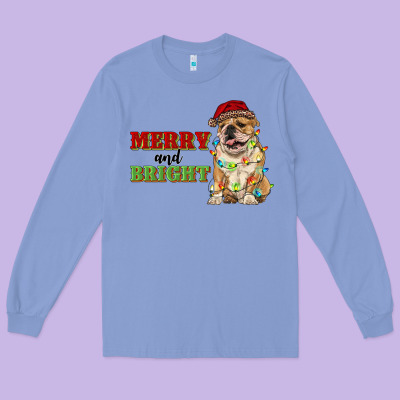 Merry And Bright English Bulldog Long Sleeve Tee Designed By Ranaportraitstore