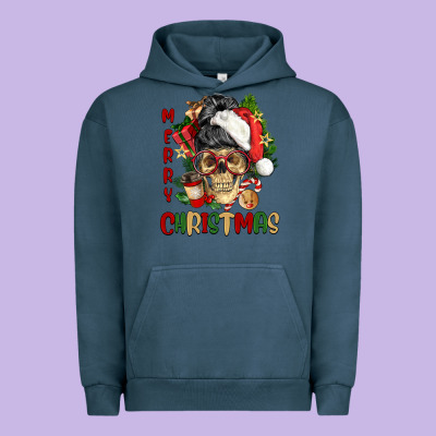 Merry Christmas Skeleton Messy Bun Urban Hoodie Designed By Nancycooperartshop