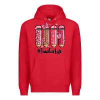 Red valentine's day teacher life pencils Premium Hoodie - MaliasSmallBusiness