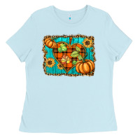 Baby Blue fall pumpkins and sunflowers heart Ladies Tee - BarkalooDesign