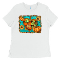White fall pumpkins and sunflowers heart Ladies Tee - BarkalooDesign