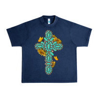 Navy gemstone cross with sunflowers and butterflies Urban Heavy Tee - texasbilliewilder