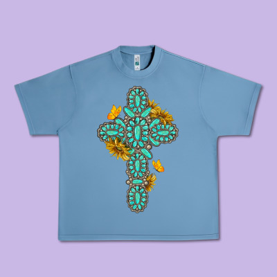 Urban Heavy Tee gemstone cross with sunflowers and butterflies