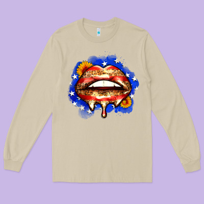 Leopard American Flag Lips Long Sleeve Tee Designed By Zillion Design Studio
