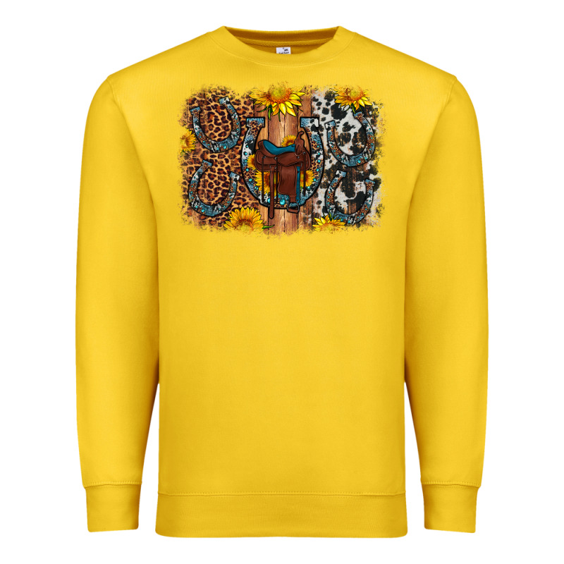 Saddle Sunflower Horseshoe Cowhide Leopard Background Premium Sweatshirt by Artiststas | Teevron
