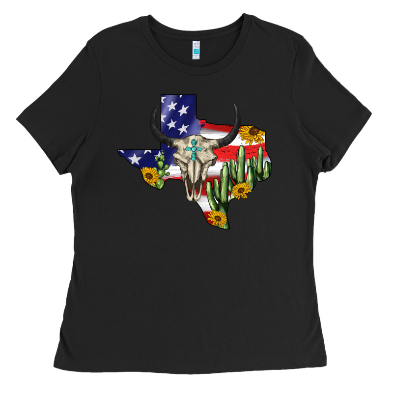 Bull Skull Texas Map American Playng Ladies Tee by BarkalooDesign | Teevron