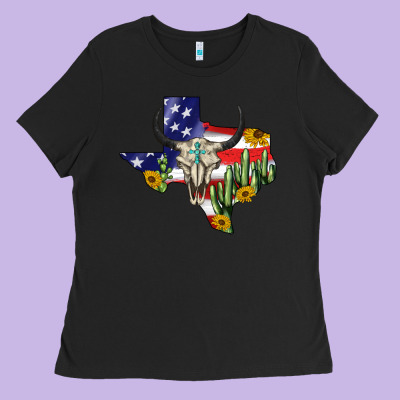 Bull Skull Texas Map American Playng Ladies Tee Designed By Barkaloodesign