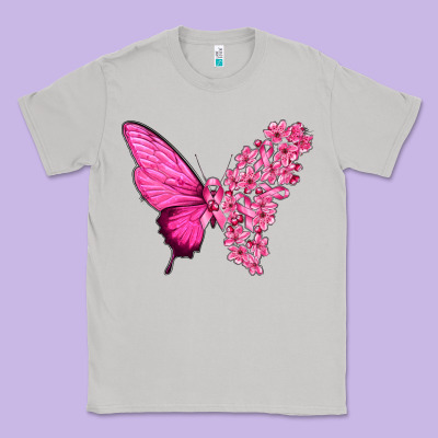 Pink Flowers And Breast Cancer Ribbon Butterfly Classic Tee Designed By Texasbilliewilder