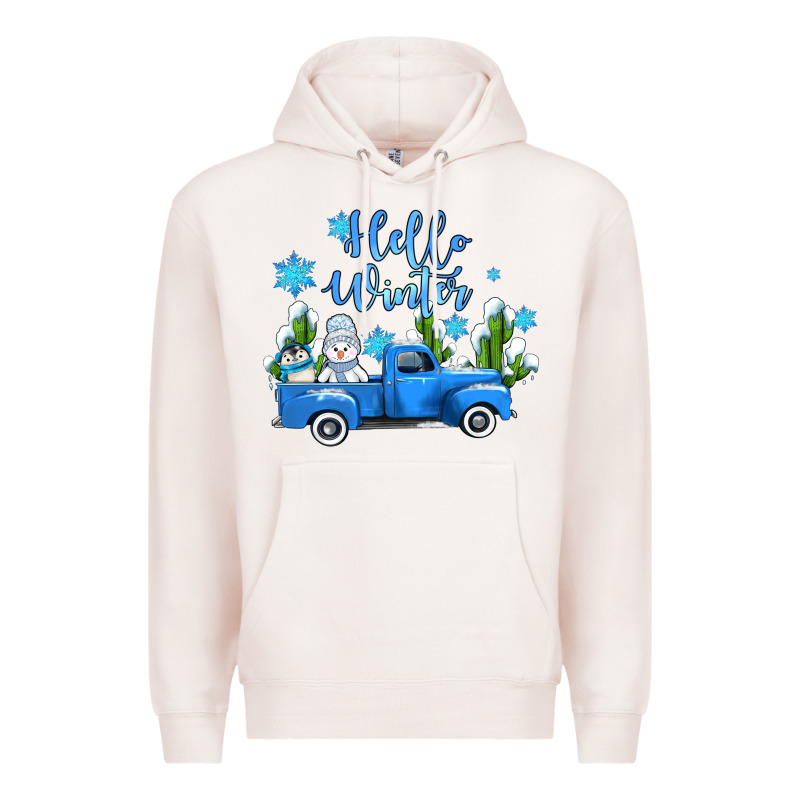 Hello Winter With Sniwman And  Truck Premium Hoodie by AdoDesignShop | Teevron