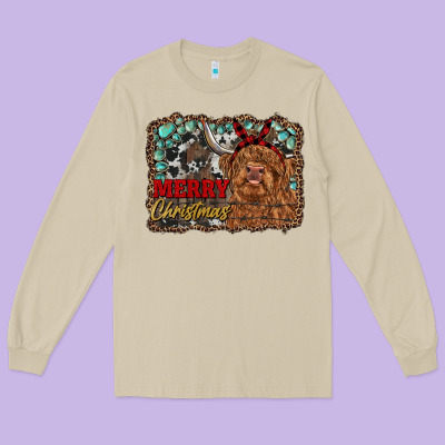 Merry Christmas Highland Cow Long Sleeve Tee Designed By Ranaportraitstore