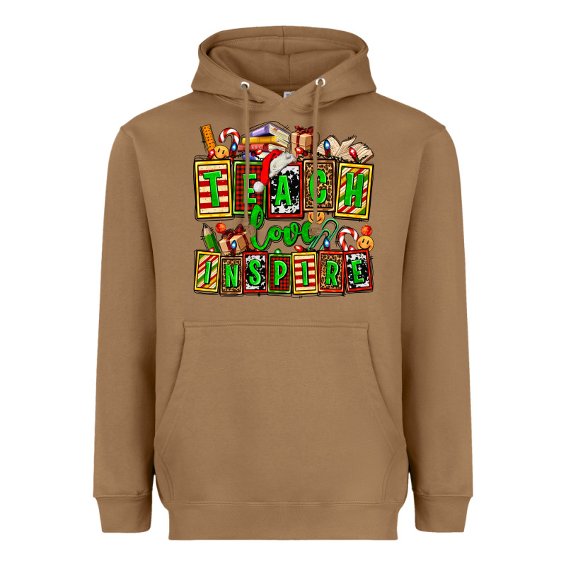 Teach Love Inspire With Christmas And Teacher Elements Heavyweight Hoodie by AdoDesignShop | Teevron