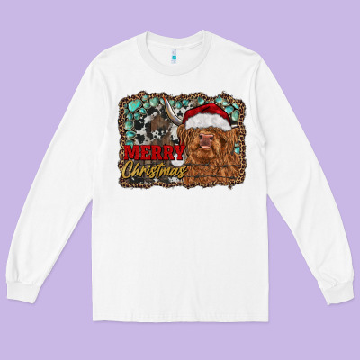 Merry Christmas Highland Cow Long Sleeve Tee Designed By Ranaportraitstore