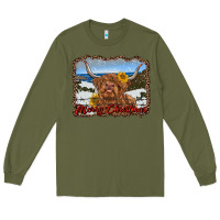 Army Green merry christmas highland cow with farm Long Sleeve Tee - RanaPortraitStore