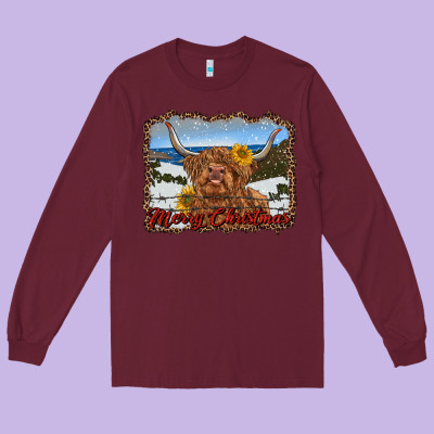 Merry Christmas Highland Cow With Farm Long Sleeve Tee Designed By Ranaportraitstore