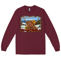 Burgundy merry christmas highland cow with farm Long Sleeve Tee - RanaPortraitStore