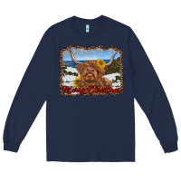 Navy merry christmas highland cow with farm Long Sleeve Tee - RanaPortraitStore