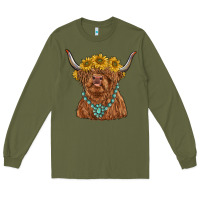 Army Green highland cow with sunflower and gemstone Long Sleeve Tee - RanaPortraitStore