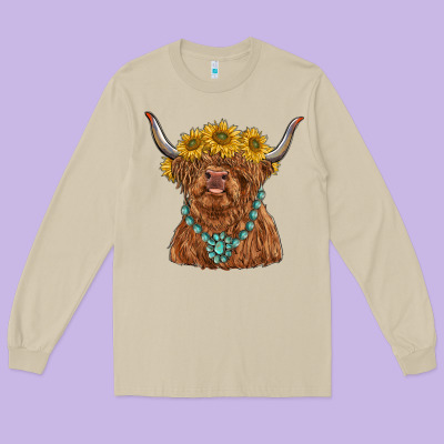 Highland Cow With Sunflower And Gemstone Long Sleeve Tee Designed By Ranaportraitstore