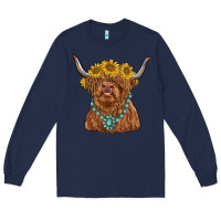Navy highland cow with sunflower and gemstone Long Sleeve Tee - RanaPortraitStore