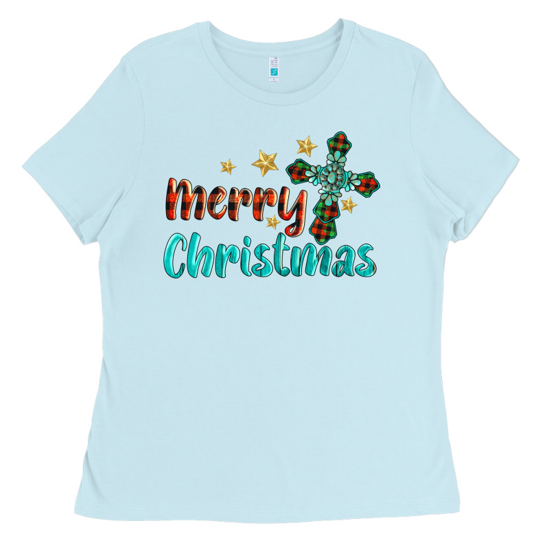Merry Christmas Turquoise Gemstones Cross Ladies Tee by BarkalooDesign | Teevron