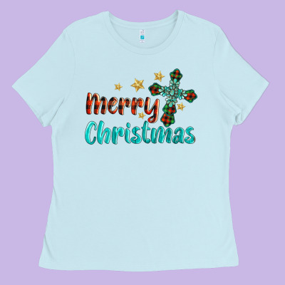 Merry Christmas Turquoise Gemstones Cross Ladies Tee Designed By Barkaloodesign