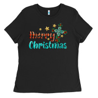 Black merry christmas turquoise gemstones cross Ladies Tee - BarkalooDesign