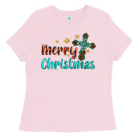 Bubblegum Pink merry christmas turquoise gemstones cross Ladies Tee - BarkalooDesign