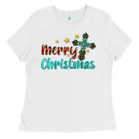 White merry christmas turquoise gemstones cross Ladies Tee - BarkalooDesign