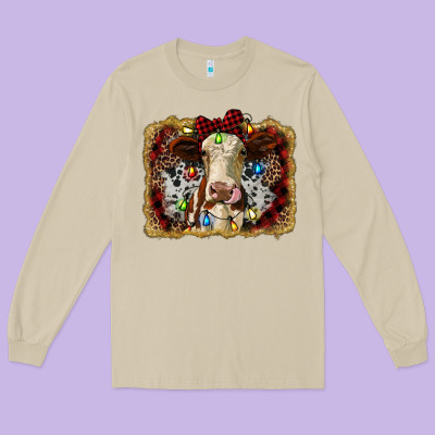 Heifer Cow Christmas Western Background Long Sleeve Tee Designed By Ranaportraitstore