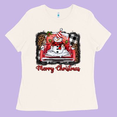 Merry Christmas Truck Snowman Ladies Tee Designed By Barkaloodesign