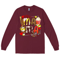 Burgundy mama softball baseball with popcorn Long Sleeve Tee - texasbilliewilder