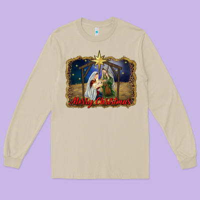 Merry Christmas Holy Family Long Sleeve Tee Designed By Ranaportraitstore