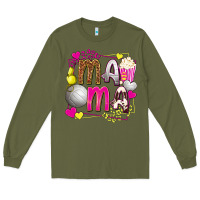 Army Green mama volleyball with popcorn Long Sleeve Tee - texasbilliewilder