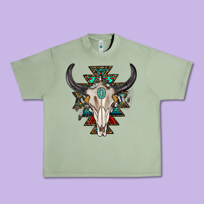 Urban Heavy Tee western aztec bull skull with gemstone