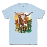 Dusty Blue longhorn cow with desert background Classic Tee - RanaPortraitStore