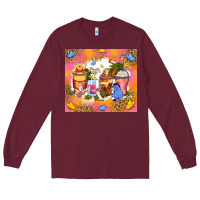 Burgundy cartoon characters coffee cups Long Sleeve Tee - Zillion Design Studio
