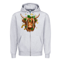 Heather Grey St. Patrick's Day Highland Cow Zipper Hoodie - Neo Western