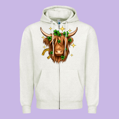 St. Patrick's Day Highland Cow Zipper Hoodie Designed By Neo Western