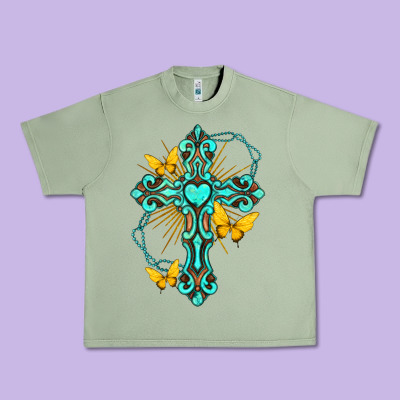 Urban Heavy Tee cross with heart shaped gemstone and butterfly