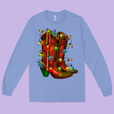 Christmas Western Boots With Lights Long Sleeve Tee Designed By Ranaportraitstore
