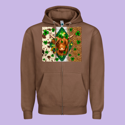 St. Patrick's Day Highland Cow Zipper Hoodie Designed By Neo Western