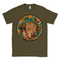 Army Green fall highland cow round Classic Tee - RanaPortraitStore