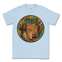 Dusty Blue fall highland cow round Classic Tee - RanaPortraitStore