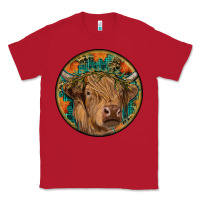 Red fall highland cow round Classic Tee - RanaPortraitStore